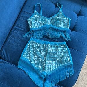 NWOT blue fringe silver studded Fashion Nova festival set (size S)